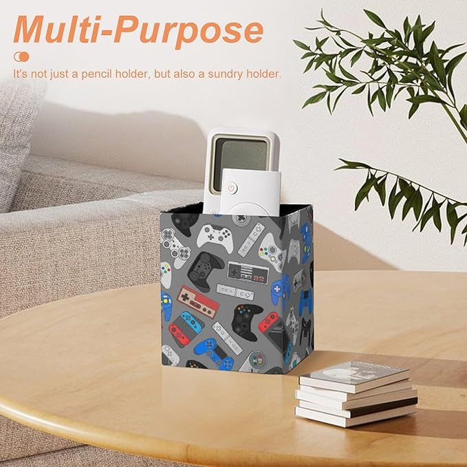 Square Pen Holder & Pencil Organizer for Desk - Office Storage Organizer, Markers/Makeup Brushes/Scissors Holder, Compact Desk Decor Accessories for Home Classroom School(Video Games)