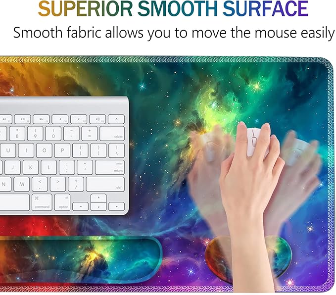 ARTSO Extended Gaming Mouse Pad Set, Keyboard Wrist Rest Support Pad + Wrist Cushion + XXL Large Mouse Pad + Coaster, Stitched Edge, Non-Slip, Memory Foam Desk Mat, Color Nebula Galaxy