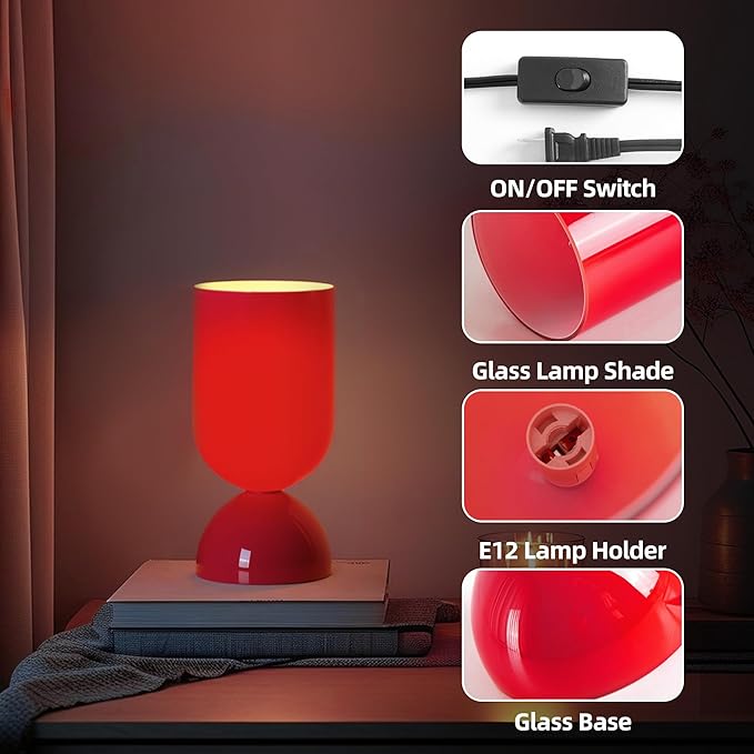 8.9" Modern Glass Table Lamp for Living Room, Desk Lamps for Bedroom, UL Listed Nightstand Lamp with Dome Base, End Table Lamps Home Decor for Kids Room, Side Tables, College Dorm, Office, Glossy Red