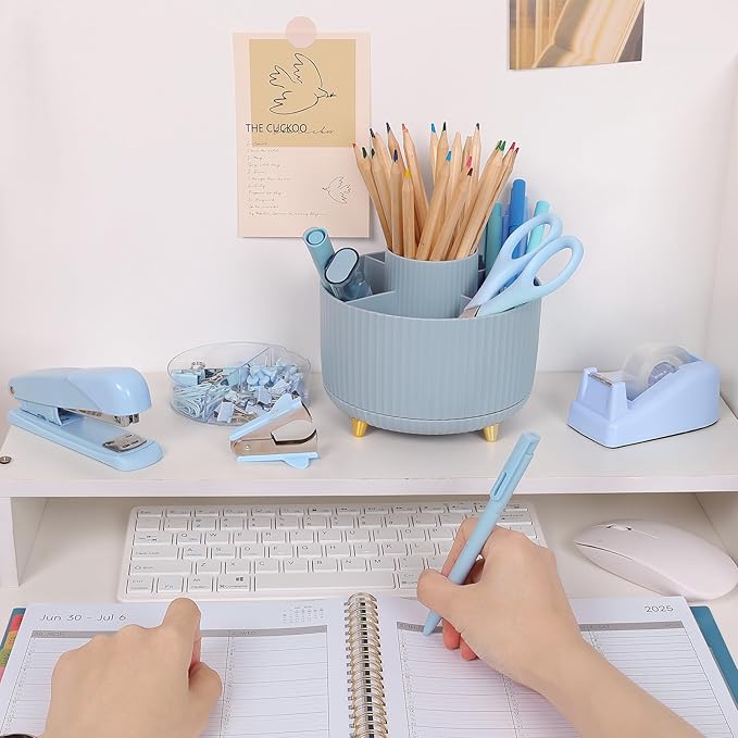 SKYDUE Desk Organizers and Accessories 10Pcs, 360-Degree Rotating Pen Holder, Stapler, Staple Remover, Tape Dispenser,2pcs Tape Refills, Binder Paper Clips Kit, Scissor (Blue)