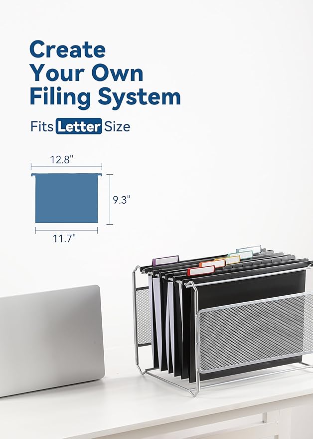 Plastic Hanging File Folders, Letter Size, 12 Pack Hanging Folders, with Insertable 1/5-Cut Tabs for Filing Cabinets - Black