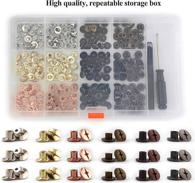 Alloypro 120 Sets Chicago Screws with Hole Puncher and Screwdriver Assorted Kit 6 Color Leather Rivets Screw Flat Fillister Book Binding Posts Nail Rivet Chicago Bolts for DIY Leather Craft (5×5mm)