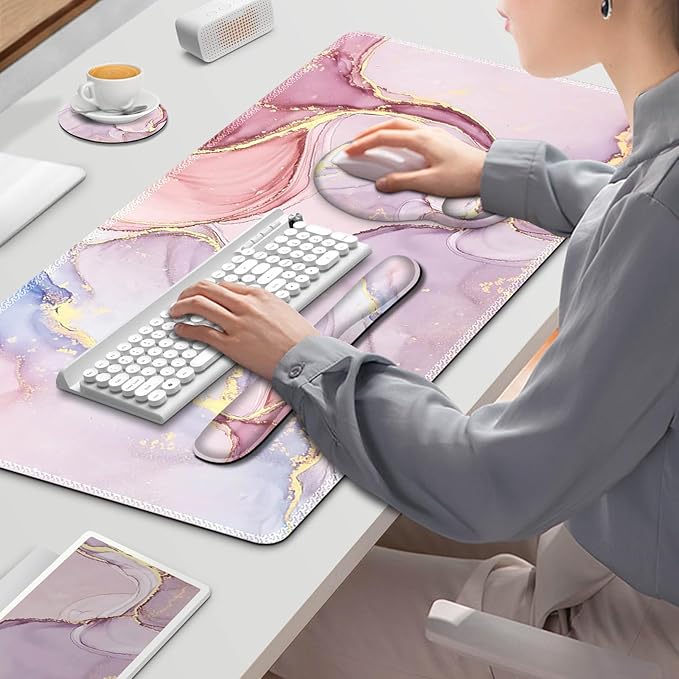 ToLuLu Desk Mat, XXL Large Mouse Pad Wrist Support Set，4 in1 Gaming Mousepad Desk Pad+ Ergonomic Mouse Pad with Wrist Rest + Keyboard Wrist Rest+Coaster for Home Office Computer, Pink Glitter Marble