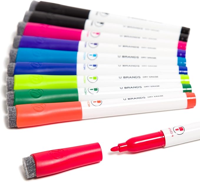 U Brands Low-Odor Dry Erase Markers With Erasers, Set of 10, Assorted Colors, Medium (2mm) Point (Pack of 2)