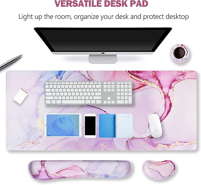 ARTSO Large Gaming Mouse Pad, Keyboard Wrist Rest Pad & Wrist Support Mousepad Set, Stitched Edge, Extended, Non-Slip Base, Memory Foam,Multifunctional Desk Mat for Office & Home, Purple Pink Marble