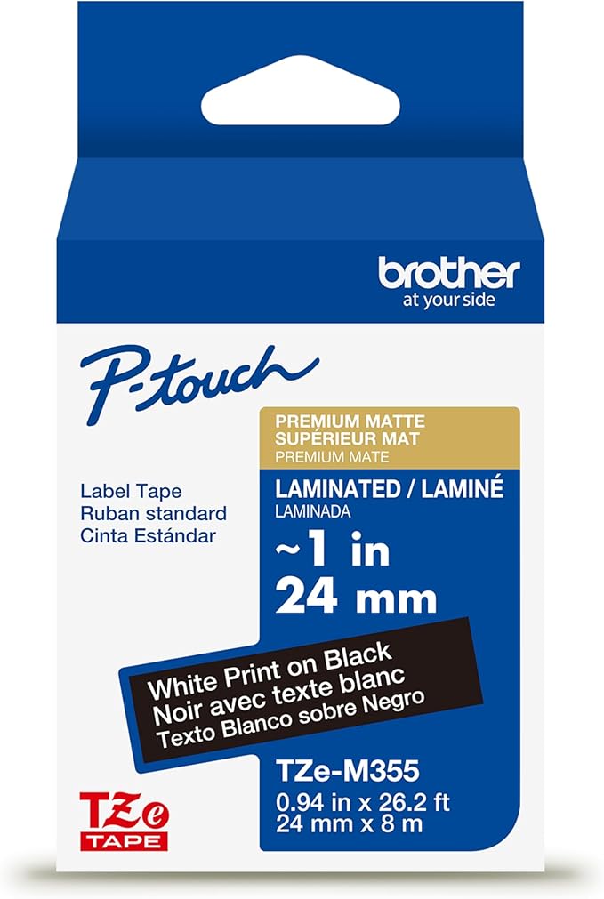 Brother Genuine P-Touch TZe, White Print on Black Label Tape (TZeM355), Premium Matte Laminated,1-1/2in x 26.2ft (36mm x 8m), for Select P-Touch Label Makers, for Crafts, Home Office, Small Business