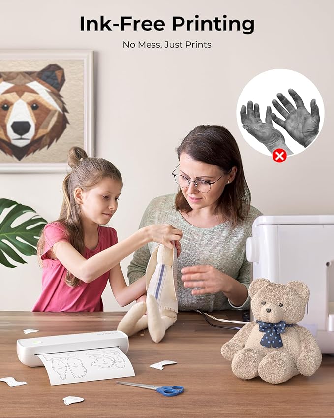 MUNBYN Portable Printers Wireless for Travel ITP04, Inkless Printer, Thermal Bluetooth Printer, Support 8.5x11&A4 Thermal Paper, Compatible with Android and iOS Phone & Laptop, Small Printers (White)