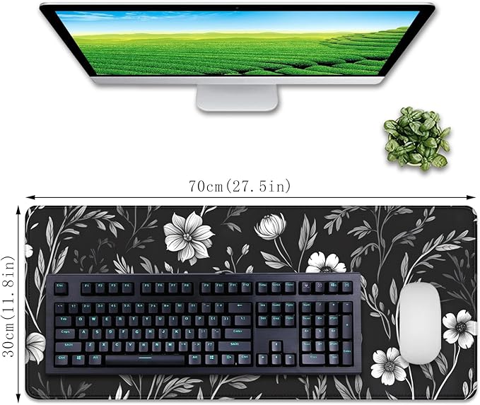 Black and White Mouse Pad Floral Desk Mat Large Desk Pad Alfombrilla para Mouse Gaming Mousepad with Stitched Edge Non-Slip Rubber Base for Work Study Gaming (27.5X11.8 in)