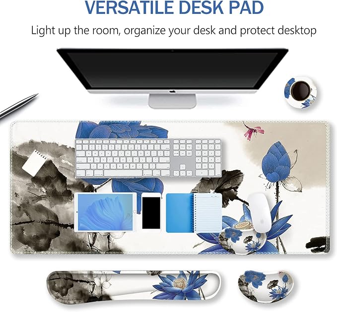 ARTSO Extended Gaming Mouse Pad Set, Keyboard Wrist Rest Support Pad + Wrist Cushion + XXL Large Mouse Pad + Coaster, Stitched Edge, Non-Slip, Memory Foam Desk Mat, Blue Lotus Ink Painting