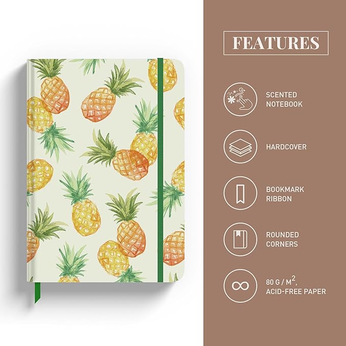Rileys & Co Notebook Journal for Writing 8 x 6 Inches, Hardcover Daily Journaling Diary - 240 Lined Pages - Compact Notebook for Women, Men, Kids, Work and Travel (Scented Pineapple)