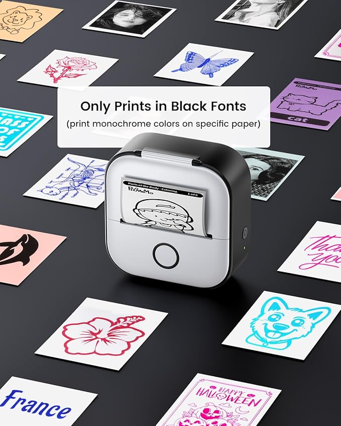 Memoking Mini Printer - Sticker Printer T02 Portable Thermal Inkless Sticker Maker Machine, Bluetooth Pocket Labeler for Study Graphics, Anatomical Diagrams, Photos, Receipts, Black