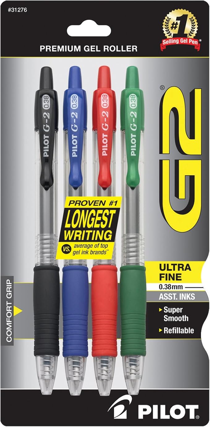 Pilot, G2 Premium Gel Roller Pens, Ultra Fine Point Gel Pens 0.38 mm, Pack of 4, Black, Blue, Green, Red