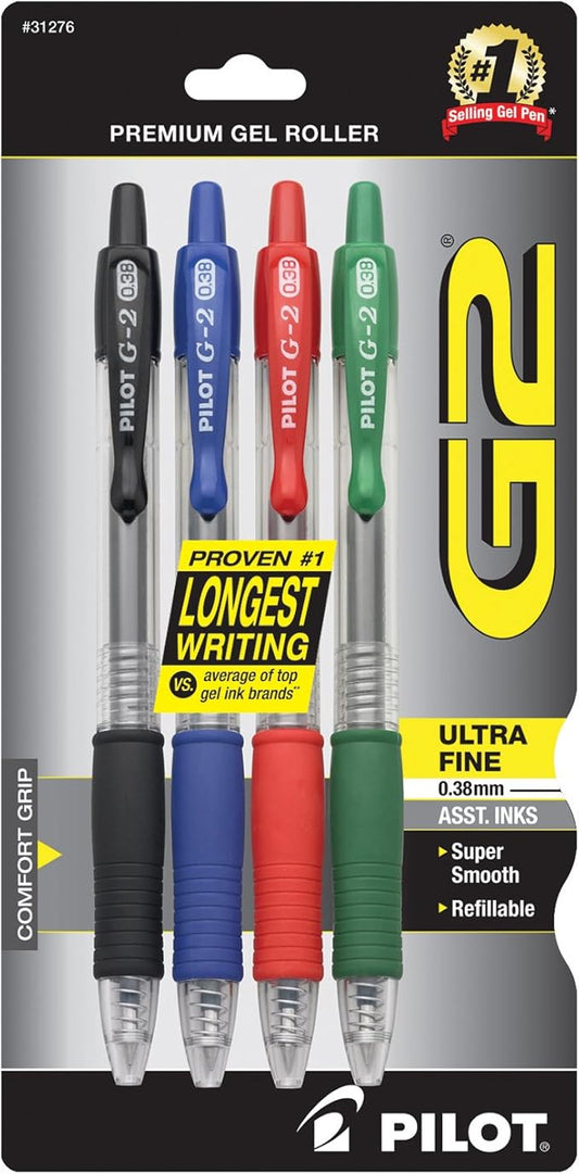 Pilot, G2 Premium Gel Roller Pens, Ultra Fine Point Gel Pens 0.38 mm, Pack of 4, Black, Blue, Green, Red