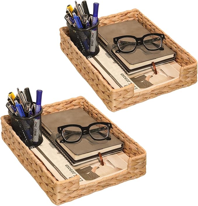 Set of 2 Water Hyacinth Letter Tray for A4 File Desk Mail Letter-Size Paper, Basket Woven Organizer, Magazine Files Storage, Office Document Organizer and Storage