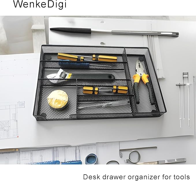 New Desk Drawer Organizer, Desk Organizer,Metal Mesh Office Drawer Organizer Tray, 6 Compartments for Office School Home,12.6 x 8.27 x 1.57 inch, Black (1pc pack)
