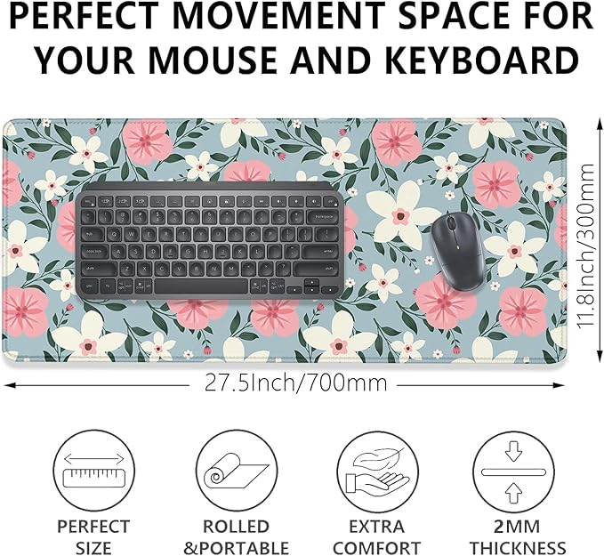 Retro White Pink Flowers Desk Pad Mouse Pad,Extended Large Gaming Floral Mouse Mat with Stitched Edges,Non-Slip Waterproof Rubber Base Mousepad for Office Work Home Desk Mat(27.5X11.8 in)