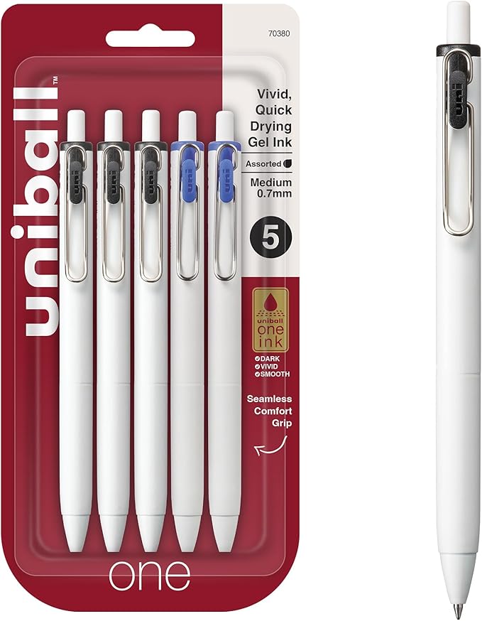 uniball uni one Retractable Gel Pens, Medium Point, 0.7mm, Black/Blue Ink, 5/Pack (70380)