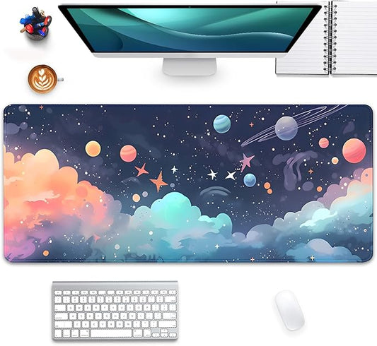 Cosmos Desk Mat Mouse Pad,Anime-Inspired Space Scene Mousepad, Cute Aesthetic Stars and Planets,Large Galaxy Mouse Pad,Cute Desk Mat for Home Work Ofiice(27.5X11.8 in)