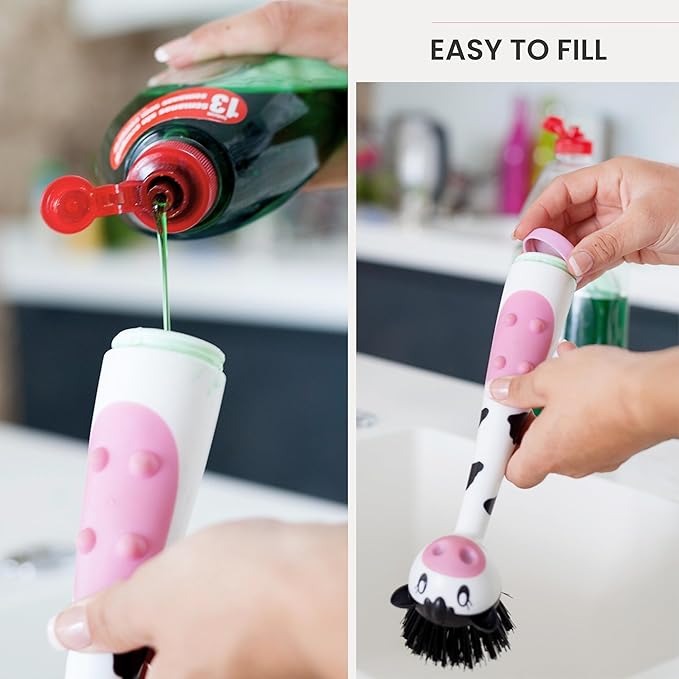 Vigar Moo Cow-Shaped Soap Dispensing Dish Brush, Dish Brush with Soap Dispenser for Pot Scrubber, Dishes, Sink, and Kitchen Essentials, White, Black