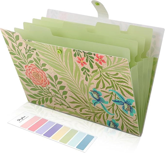 SKYDUE Expanding File Folder with 5 Pockets, Accordion File Organizer,Portable Receipt Paper Documents Organizer,Letter Size Filing Folder School Office Supplies,Green