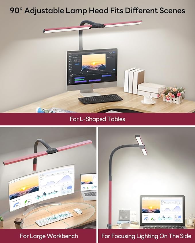 LED Desk Lamp for Home Office, Eye-Caring Desk Light with Clamp, Stepless Dimming 24W Double Head Architect Task Lamp with Remote Control, Flexible Gooseneck for Working Studying Reading Drafting（RED)