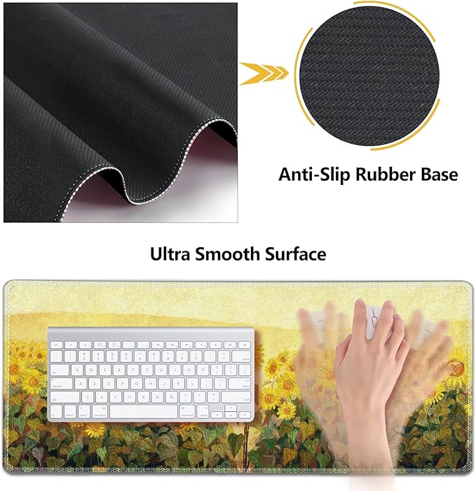 AIMSA Keyboard Mouse Pad Wrist Rest, Extended Gaming Mouse Pad +Wrist Support, Ergonomic Memory Foam,XXL Large Mousepad, 4Pcs (35×15.7 in) Desk Mat, Sunflower Oil Painting