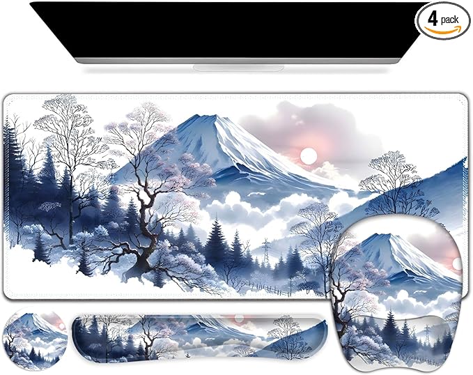 4 in 1 Large Mouse Pad, Keyboard Wrist Rest Set, Ergonomic Mouse Pad with Wrist Support, Desk Mat with Stitched Edges Extended Desk Pad Waterproof Desk Mat for Home Office Game I Snowy Mountain Sun