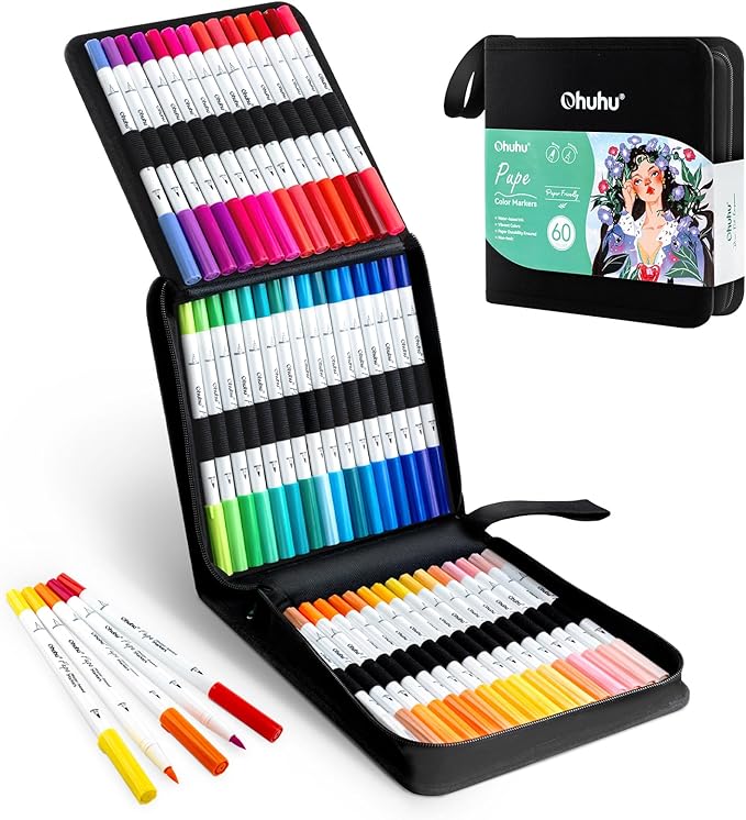 Ohuhu Markers Paper-friendly No Peeling Water-based 60 Colors Dual Brush Fineliner Tips Markers for Adult Coloring Books No Bleeding Coloring Markers for Kids Beginner Calligraphy - Pupe