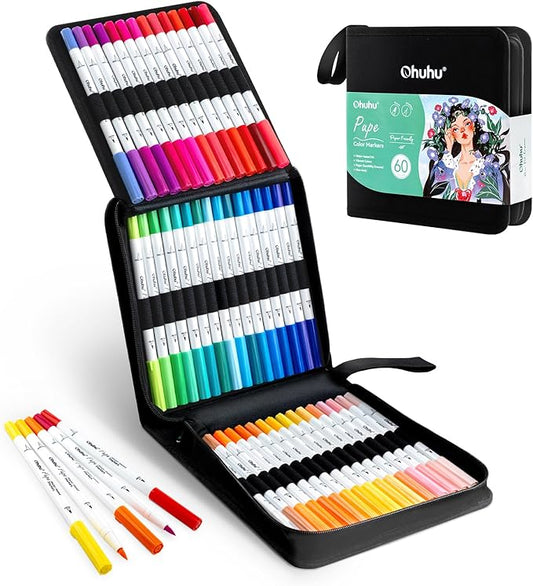 Ohuhu Markers Paper-friendly No Peeling Water-based 60 Colors Dual Brush Fineliner Tips Markers for Adult Coloring Books No Bleeding Coloring Markers for Kids Beginner Calligraphy - Pupe