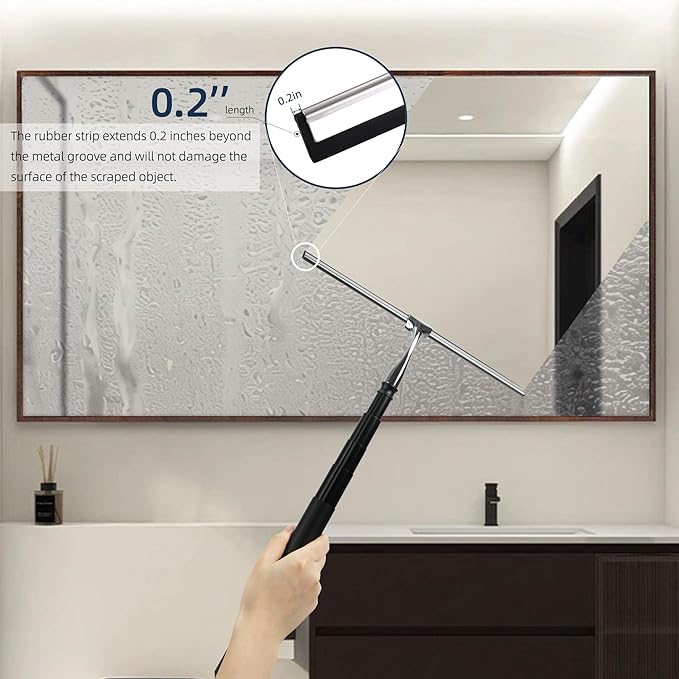 Eahwey 12-51’’ Telescopic Window Squeegee for High Windows, 2-in-1 Window Cleaning Kit with Extra Silicone Blade & Hook, Professional Squeegee for Shower Glass Doors, Car Windshield & Outdoor Use