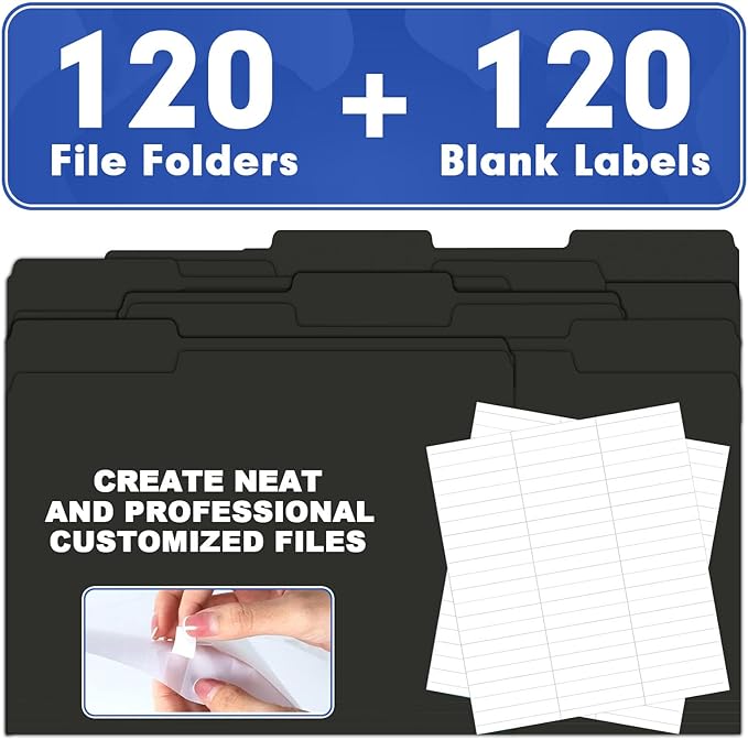 File Folder, HERKKA 120 Pack 1/3 Cut Tab File Folders, File Folders Great for Organizing and Filing, Letter Size, Black
