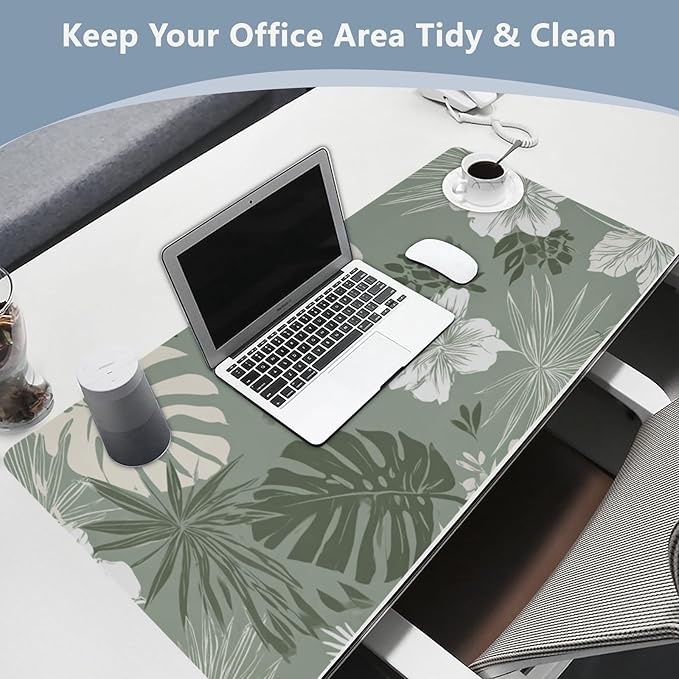 Mouse Pad Desk Mat Leather Desk Pad Large Gaming Desk Cover Protector Mat for Keyboard Computer Laptop Office Waterproof 35.4 x 16.5 Inch Tropical Palm Leaves Birds Flowers