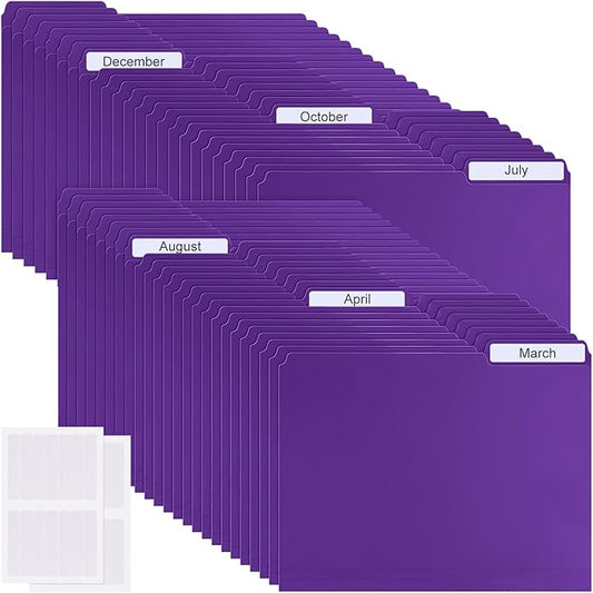 48 Pack Colored Plastic File Folders with Tabs and Sticky Labels Sturdy 1/3 Cut Tab Manila File Folders Letter Size 8. 5 x 11 Inch for Office Home Supplies Organizer Documents(Purple)