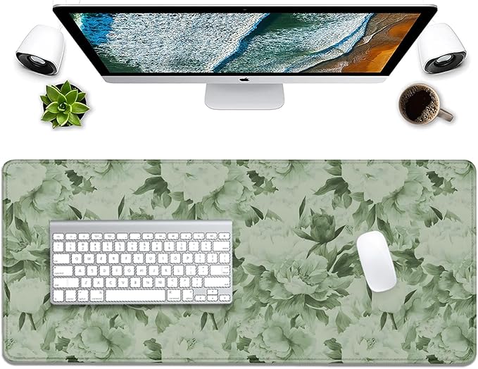 Sage Green Floral Desk Pad Extended Mouse Pad,Large Gaming Floral Mouse Mat with Stitched Edges,Non-Slip Rubber Base Mousepad for Office Computer Keyboard Laptop Home(27.5X11.8 in)