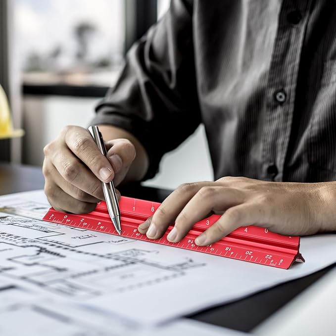 Fumete 12 Pack 6 Inch Architectural Engineering Scale Rulers Small Scale Ruler Pocket Size Scale Ruler Construction Rulers Imperial Measurements for Architects Engineering, Draftsman Drawing(Red)