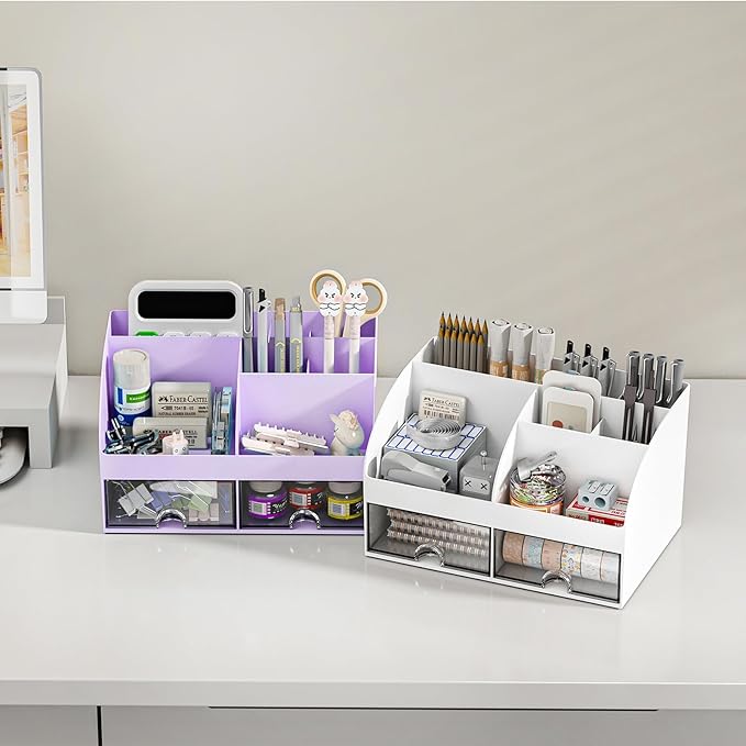 Desk Organizer with 6 Compartments and 2 Drawers, Plastic Makeup Organizer, Pen Holder for Desktop Storage, Desk Organization for School, Home, Office Supplies (Purple)