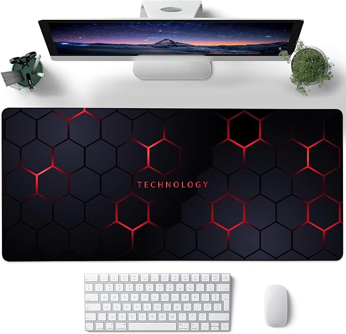 Desk Pad, Black and Red Honeycomb Hexagons Technology XXL Gaming Mouse Pad with Stitched Edges,Non-Slip Waterproof Rubber Base Large Desk Mat for Keyboard and Mouse 35.4"x15.7"