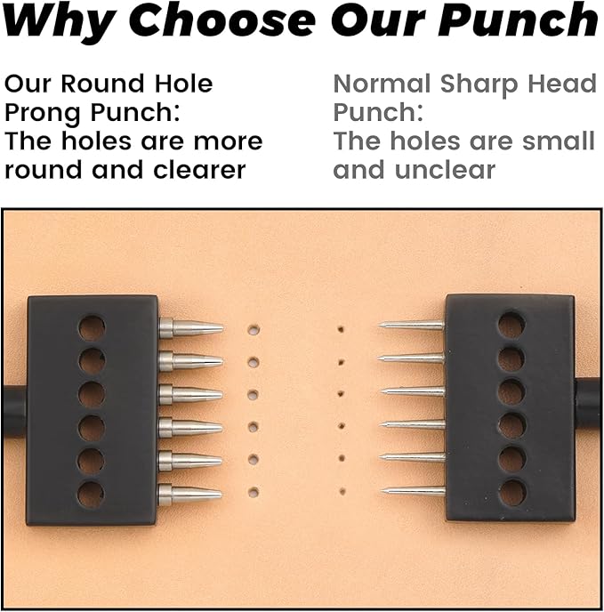 Leather Hole Punch, Prong Punch Tool 6mm 2/4/6 Lacing Stitching Punch, Round Hole Prong Stitching Chisel Set Leatherworking Tools for Leathercraft