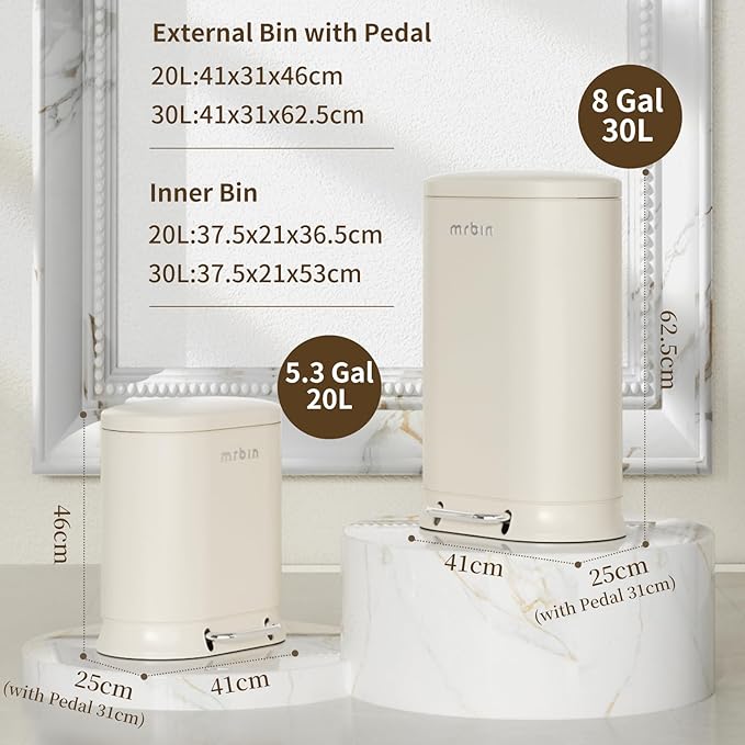 MRBIN Metal Kitchen Trash Can with Lid, 30L / 7.9gal Commercial Step Waste Basket for Bathroom, Medium Office Garbage Pail with Stainless Steel Foot Pedal for Near Desk, Bedroom, Rv, White
