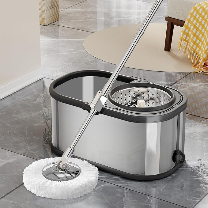 SWIFTIRON Spin Mop and Bucket with Wringer Set for Home,360° Mop and Bucket with Separate Clean and Dirty Water,Wet Dust Mop for Floor Cleaning with Extra Refills (Silver)