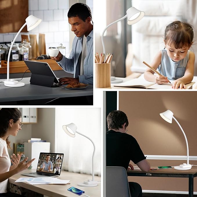 BOHON LED Desk Lamp for Home Office, Fully Dimmable Bedside Lamps with USB A and C Charging Port, 5 Colors Reading Lamp with Night Light, Auto Timer, Table Lamp for College Dorm Room White
