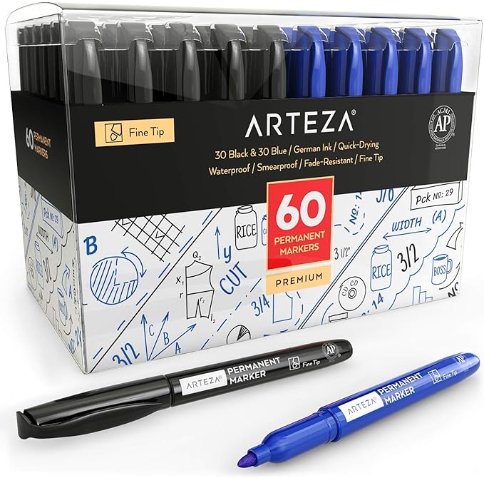 ARTEZA Permanent Markers in Bulk, Set of 60, Black & Blue, Fine Tip
