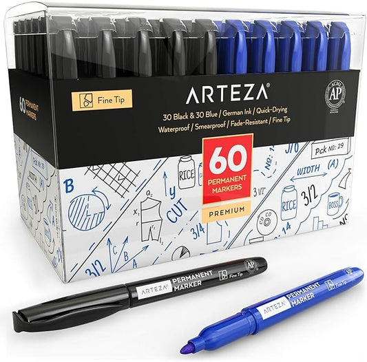 ARTEZA Permanent Markers in Bulk, Set of 60, Black & Blue, Fine Tip