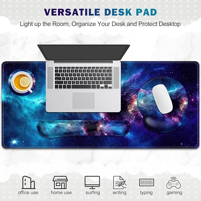 Gaming Mouse Pad, Large Desk Mat, Cute Desk Pad Protector, 4in1 XXL Mousepad + Keyboard Wrist Rest+Mouse Wrist Rest+Coaster Set with Ergonomic Desk Pad for Home Office Table Computer, Galaxy Space
