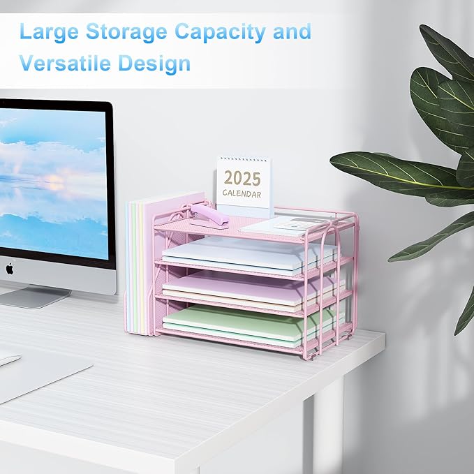 Spacrea Desk Organizers and Accessories, Paper Organizer for Desk with File organizer, Desk Accessories & Workspace Organizers for Office Supplies (Pink)