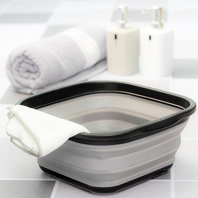 SAMMART 5.5L (1.4 Gallons) Collapsible Tub - Foldable Dish Tub - Portable Washing Basin - Space Saving Plastic Washtub (Black/Alloy Grey)