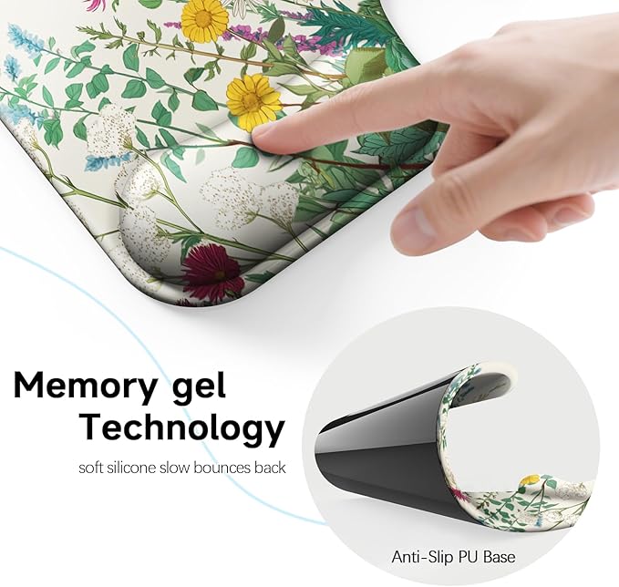 Ergonomic Mouse Pad with Gel Wrist Rest (1"& 1.2" Dual Height) - Mouse Pads Compact Mousepad Desk Mat Office, Gaming & Carpal Tunnel Relief | Non-Slip Rubber Base Wildflower Garden