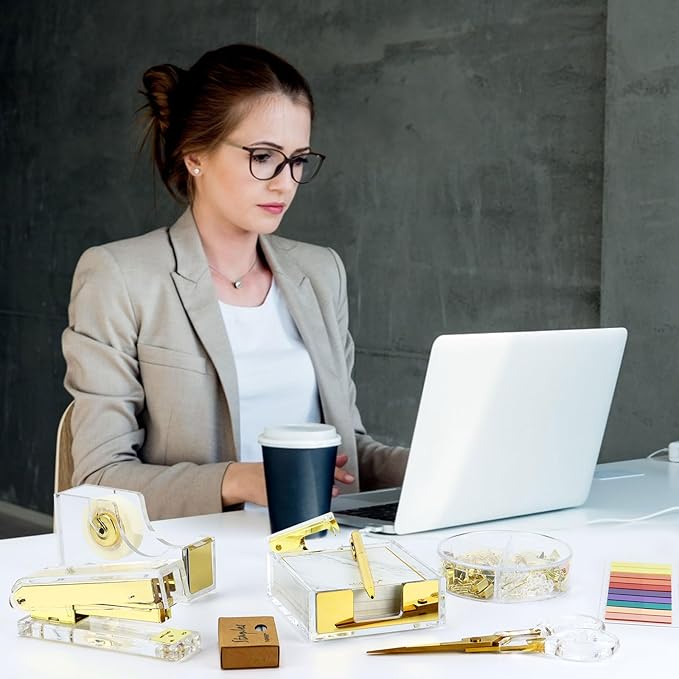 Buqoo Gold Acrylic Sticky Notes Holder Stapler and Tape Dispenser Cutter with Staple Remover, Sticky Notes, Paper Clips, Scissor, Ballpoint Pen for School Home N Office Supplies