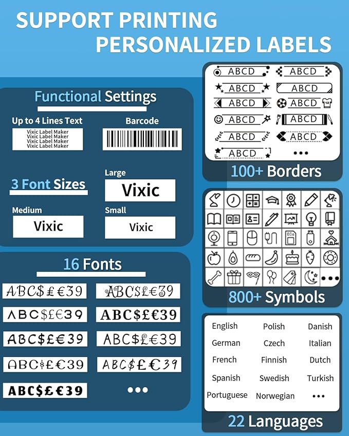 Vixic Label Maker, H1100 Label Maker Machine with-Tape, Portable Label Machine with Backlight Screen, Handheld Labeler Includes USB-C for Power, Multiple Font Icon for School Office Organization