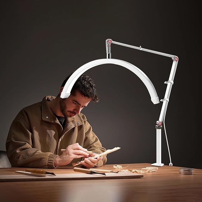 Professional LED Desk Lamp, Half Moon Light for Desk with Clip&Phone Holder, Esthetician Light with Adjustable 10-Level Dimming & 3 Color for Work,Office,Makeup,Nail Salon,Tattoo,Craft (White)